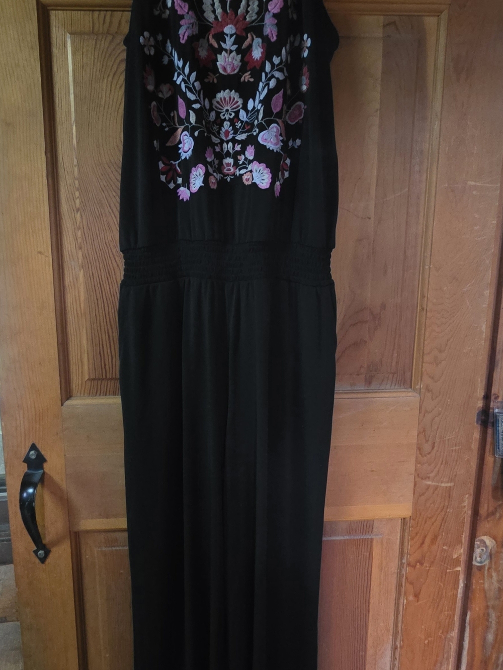 INC International Concepts Black Jumpsuit with Pink & Lavender Floral Embroidery